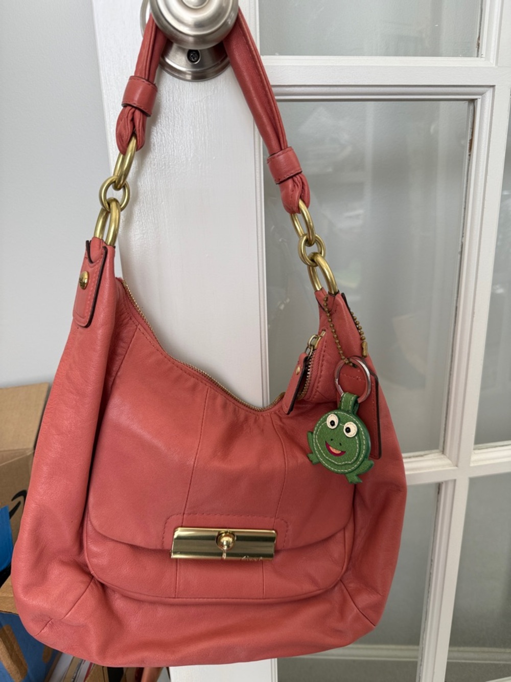 Coach Coral Pink Leather Shoulder Bag with Gold Hardware